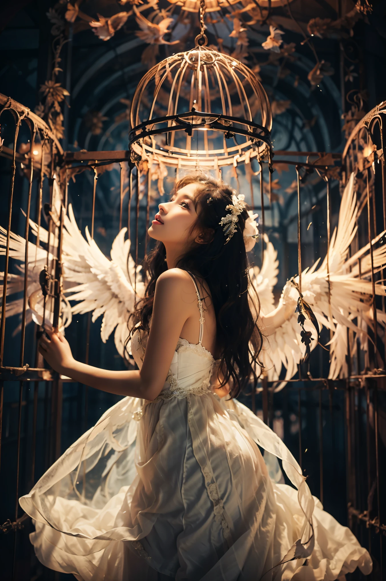 girl, large wings, Angel, goddess, innocent, long hair, black hair, brown eyes, white dress, open birdcage, Are standing at door, Are standing, look up, Side view, smile, free, Open Door