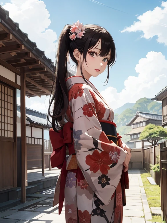 (masterpiece),(highest quality:1.0), (ultra high resolution:1.0), be familiar with illustration, 8K, anime, 1 girl, beautiful anime girl, in kimono, wearing a red kimono, cute pose, cute face, be familiar with face, beautiful eyes, black eyes, be familiar with eyes, red lips, red lipstick, slightly brown hair, pink flowers in ears, hair black, Are standing, Japanese house in the back, open the sky with clouds, be familiar with, Complex, anime style, highly be familiar with