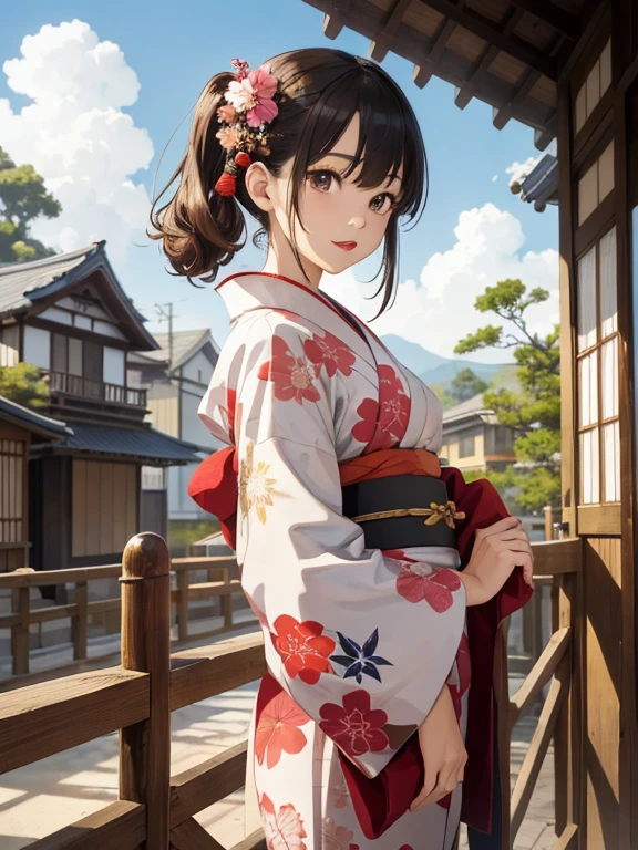 (masterpiece),(highest quality:1.0), (ultra high resolution:1.0), be familiar with illustration, 8K, anime, 1 girl, beautiful anime girl, in kimono, wearing a red kimono, cute pose, cute face, be familiar with face, beautiful eyes, black eyes, be familiar with eyes, red lips, red lipstick, slightly brown hair, pink flowers in ears, hair black, Are standing, Japanese house in the back, open the sky with clouds, be familiar with, Complex, anime style, highly be familiar with