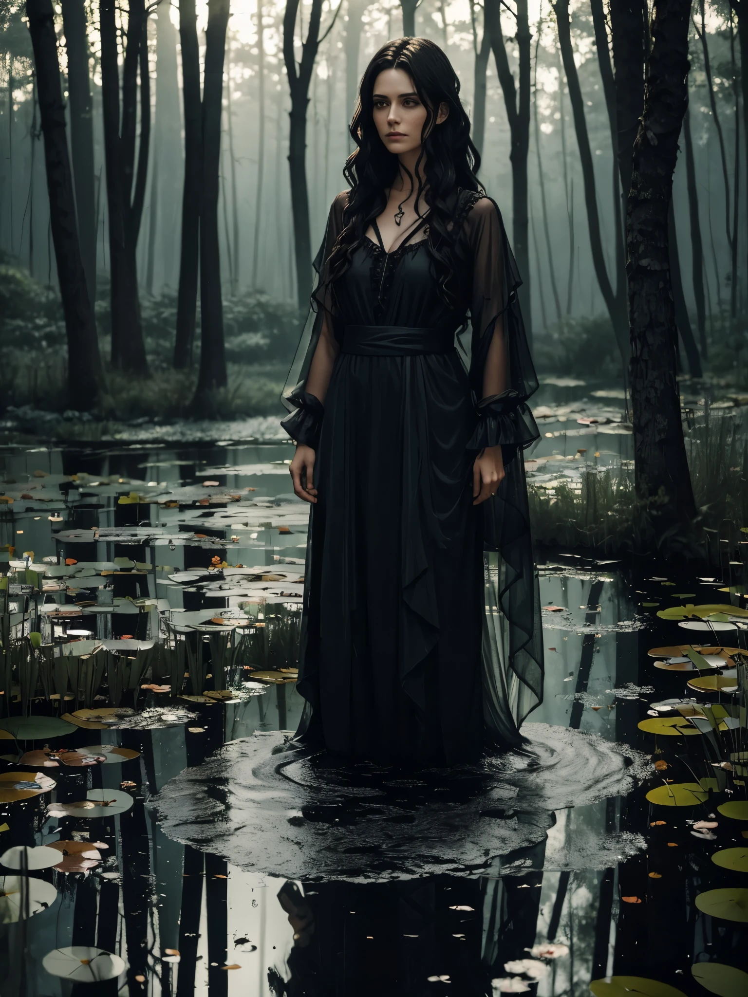 Slender witch with ((wavy dark hair)) ((dressed in transparent rags)) hanging by a noose over a ((pond)) in a forest clearing. ((dramatic lighting)), ((masterpiece)), ((best quality)), ((highly detailed))