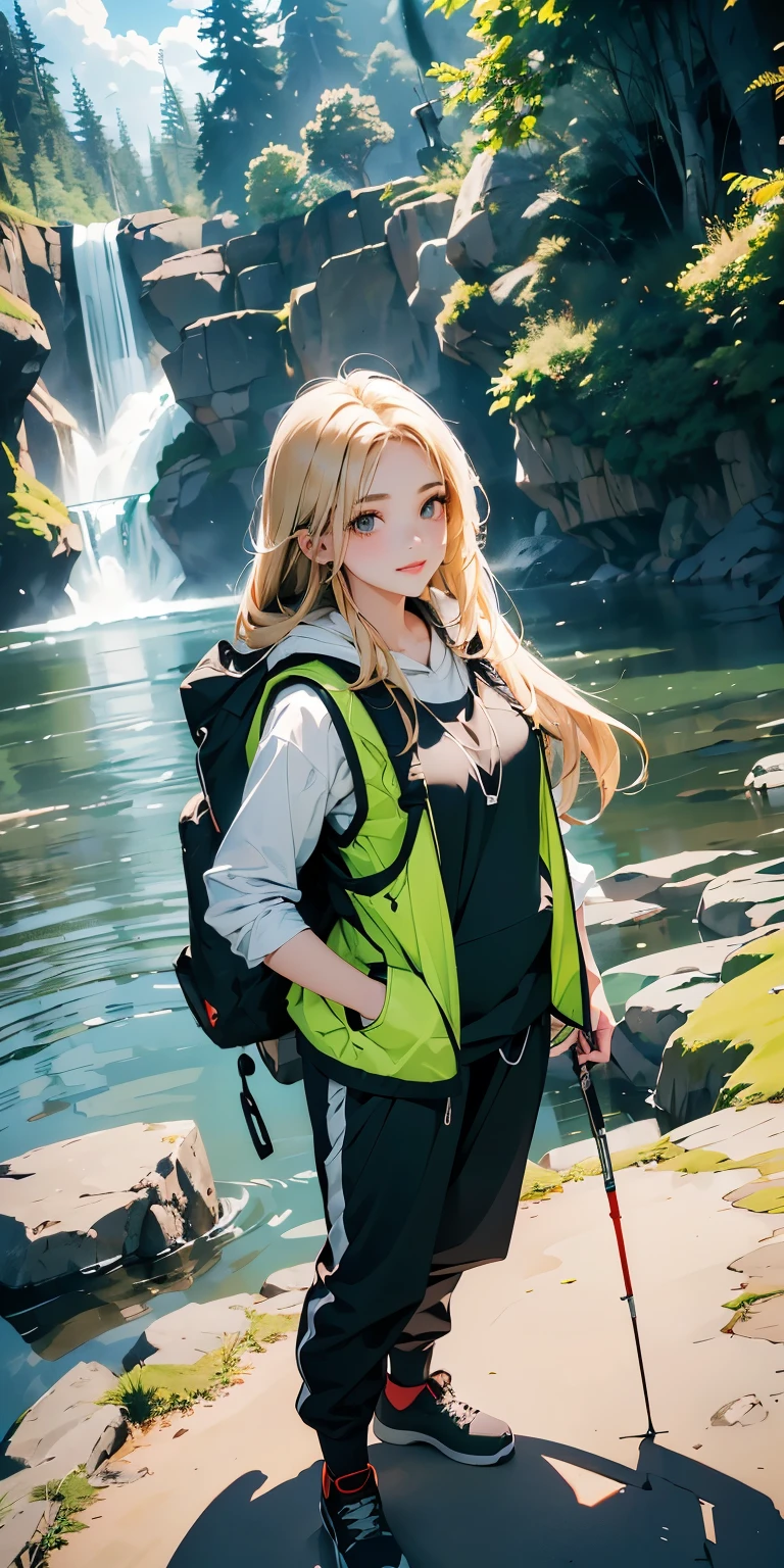 masterpiece、High resolution 8K、sharp focus、contrast lighting、ultra high resolution、ultra high resolution、Detailed CG、Low - Angle、full body shot、Beautiful woman、beautiful eyes、(detailed face and iace:1 2)、narrow eyes、almond eye、brown eyes、gradation eye、highlight:1.2)、(beautiful black hair、long hair、asymmetrical bangs、(plump lips、glossy lips、 size) 、(oval face : 1.4)、(thin fingered arms、detailed human hand)、川でWoman Fishing、Beautiful and wide river、Flowing waterfall、rock surface、moss、forest、Mont、blue sky、Flowing clouds、vapor、mist、full body pose、Holding a fishing rod in your hand、Fishing lure rod、Outdoor Vest、hoodie、Waders、Long pants for fishing、Big backpack)、Have a long fishing rod、Hold the fishing rod facing the water surface、Woman Fishing、naughty smile、teeth visible、Angle from the front、Standing in the river