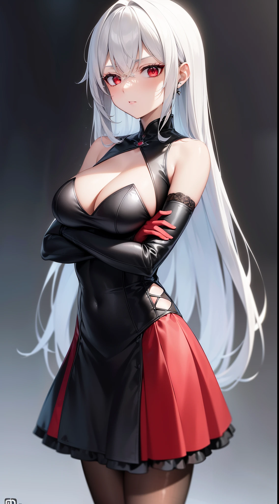 (masterpiece, best quality, highres, high quality:1.2), award winning, super detail, high details, textured skin, anatomically correct, ccurate, UHD, retina, ((4k,1080P, HD)), silver white hair, long hair, shinny hair, perfect breasts, small breasts, charming and stunning woman, attractive beauty, pantyhose black, ((black Cloak)), high heels, ((Crimson red Eyes)), crimson throne, crimson palace, (crimson lightning),((perfect anatomy)), ((1girl)), perfect hands,black gloves, ((standing)), ((crossed arms)), (mature young woman), cute girl, beautiful girl, ((high shot angle)),black short skirt, (perfect legs), ((beautiful and stunning young girl, attractive girl)), ((perfect body, sexy body)), (((full body))),((ultra_detailed))