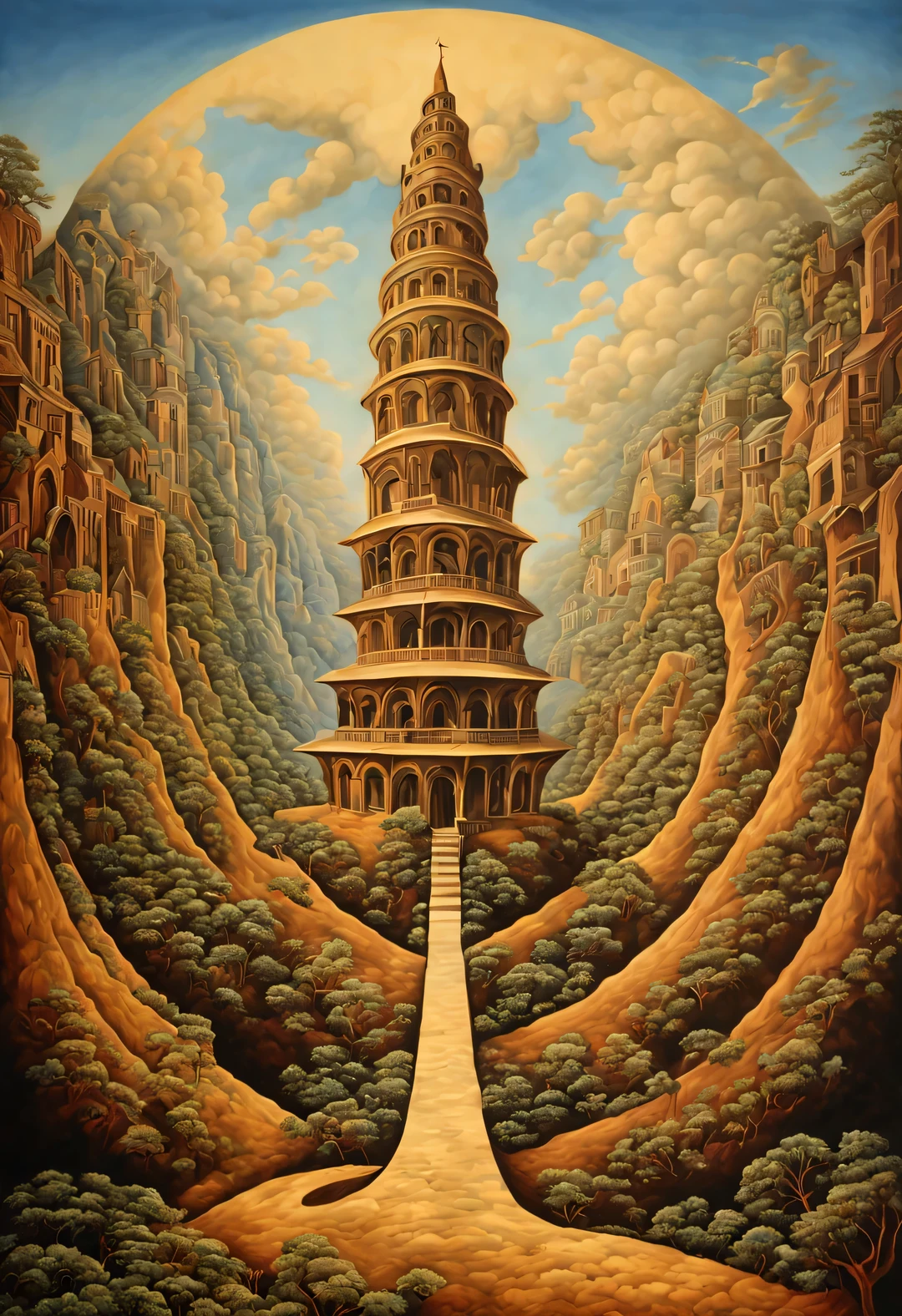 Style of Octavio Ocampo., Octavio Ocampo Metamorphic painting, Optical illusions, full compliance with Style of Octavio Ocampo., double exposure, double content