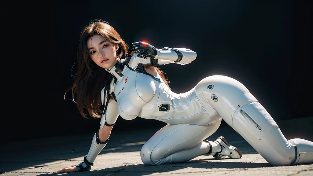 a woman in a white dress, perfect android girl, beutiful white girl cyborg, in white futuristic armor, cute cyborg girl, beutiful girl cyborg, cyberpunk 2 0 y. o model girl, beautiful android woman, portrait beautiful sci - fi girl, female cyberpunk anime girl, sci-fi female, cyberpunk beautiful girl, cyborg girl, symmetrical face shape, (slim and body), Extremely long brown hair, seductive brown eyes, perfect figure, Plump lips, seductive smile, firm breasts, Beautiful buttocks, voluptuous hips, well-proportioned legs, Kneeling on the floor pose , background is futuristic city (random night-day), depth of field, first-person view, pov, from below, from behind, from front, see full body Model, atmospheric perspective, masterpiece, textured skin, anatomically correct, super detail, high quality, best quality, 4K, 8k, masterpiece, anatomically correct, super detail, high quality, best quality, 4K, 8k