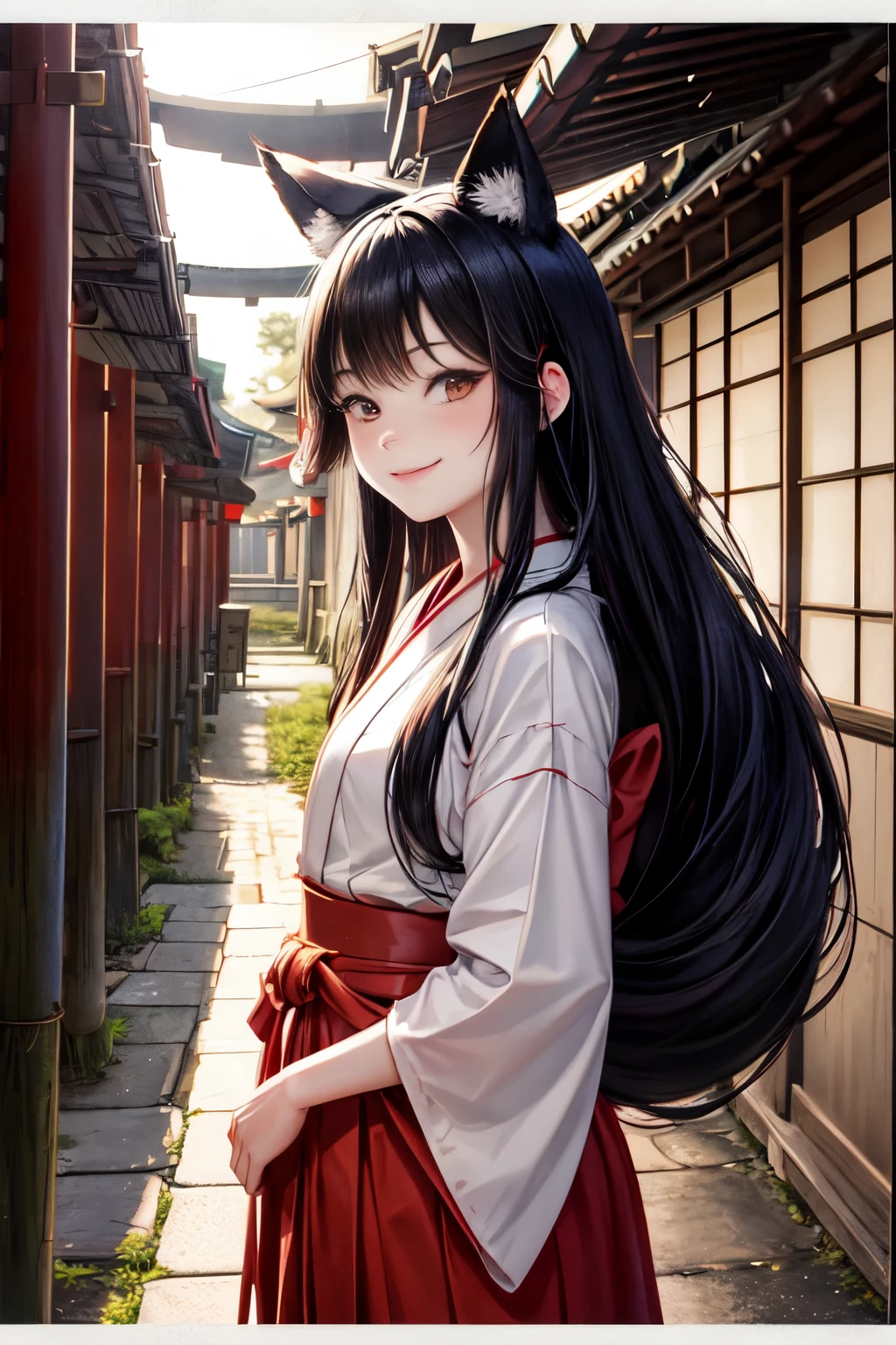 A Polaroid photo of a smiling girl with fox ears wearing a red hakama and a miko outfit, with black hair, taken with a flash, overexposed, blown out highlights, and in low-fi, in a shrine in Japan, with a sunset, on a cobblestone path, with a street light, and slightly out of focus.