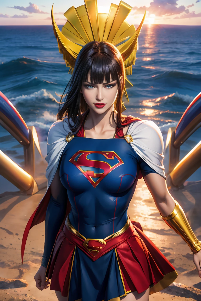 master part, best quality, SShutaraV4, 1girl, sozinho, olhos detalhado, leve sorriso, cabelos longos, franja, blunt franja, cabelo sidelocklack eyelack:1.4), seios enormes, maquiagem, batom, red batom, Supergirl, red cape, S do super-homem no peito, blue swimsuit, Red skirt, botas vermelhas, Sunset, ao ar livre, mar, water, areia,realismo, master part, pele texturizada, Super Detalhe, High detail, alta qualidade, melhor qualidade, 1080P, 16k, realista, 8k, Cinema 4D, Artgerm extremamente detalhado, [ Arte Digital 4K ]