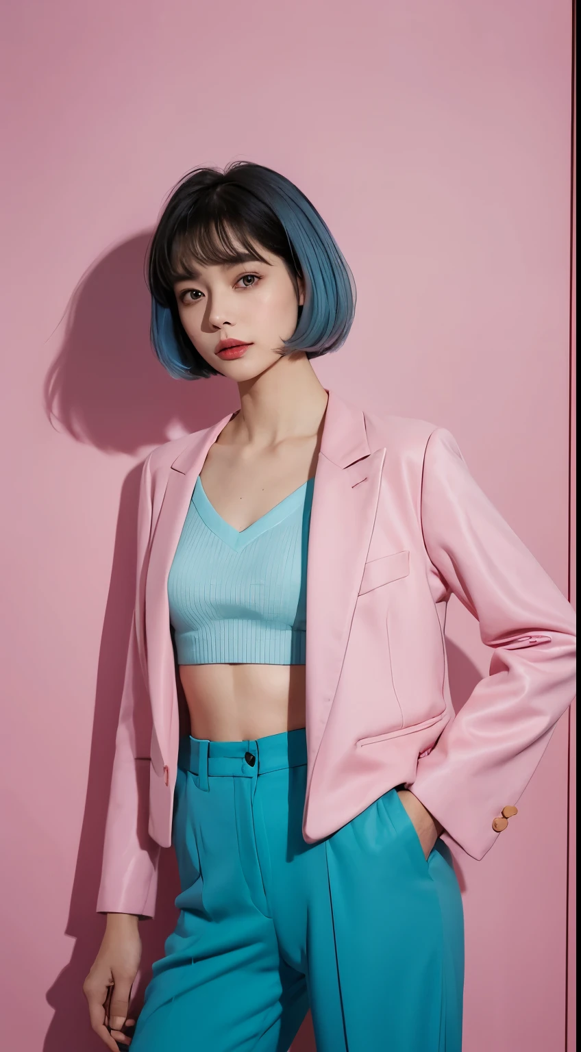 Vogue style photoshoot, Clarity, 4k, 8k, detail, actual, Beautiful Girl, wear pastle blazer, pastle pants, black lips, pink and blue mullet haircut, Perfect body, thigh, stand, pose standing, medium chest, Wes Anderson style, pastle color background in Wes Anderson style