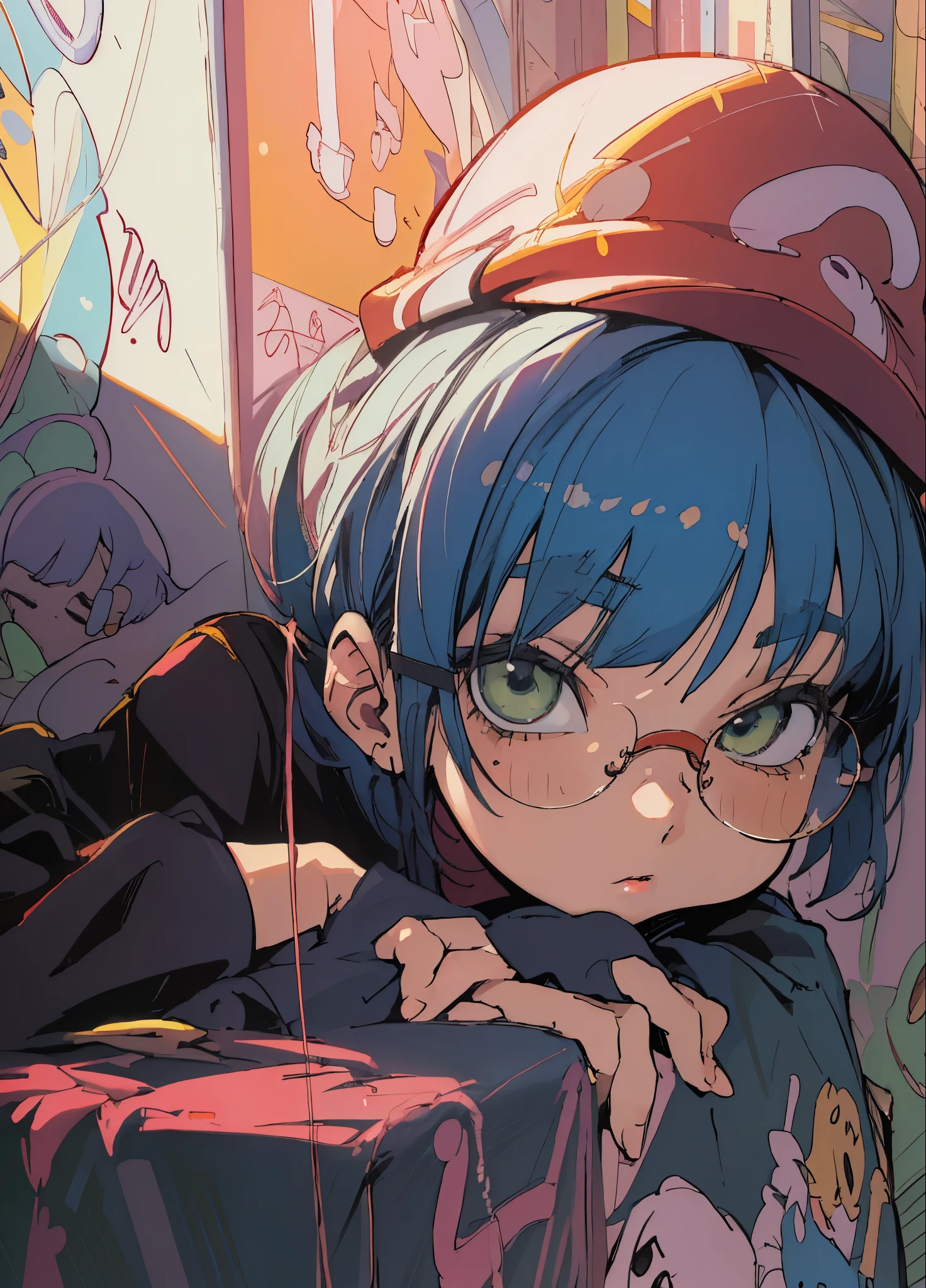 (best quality,4k,8k,highres,masterpiece:1.2),ultra-detailed,(realistic,photorealistic,photo-realistic:1.37),cartoon girl with glasses,wearing a hat,lofi girl,cartoon art style,lofi art style,flat anime style,cute cartoon style,anime art style,hand painted cartoon art style,cartoon art style,anime style,2D anime style,90s anime art style,loish art style,with vibrant colors,soft lighting