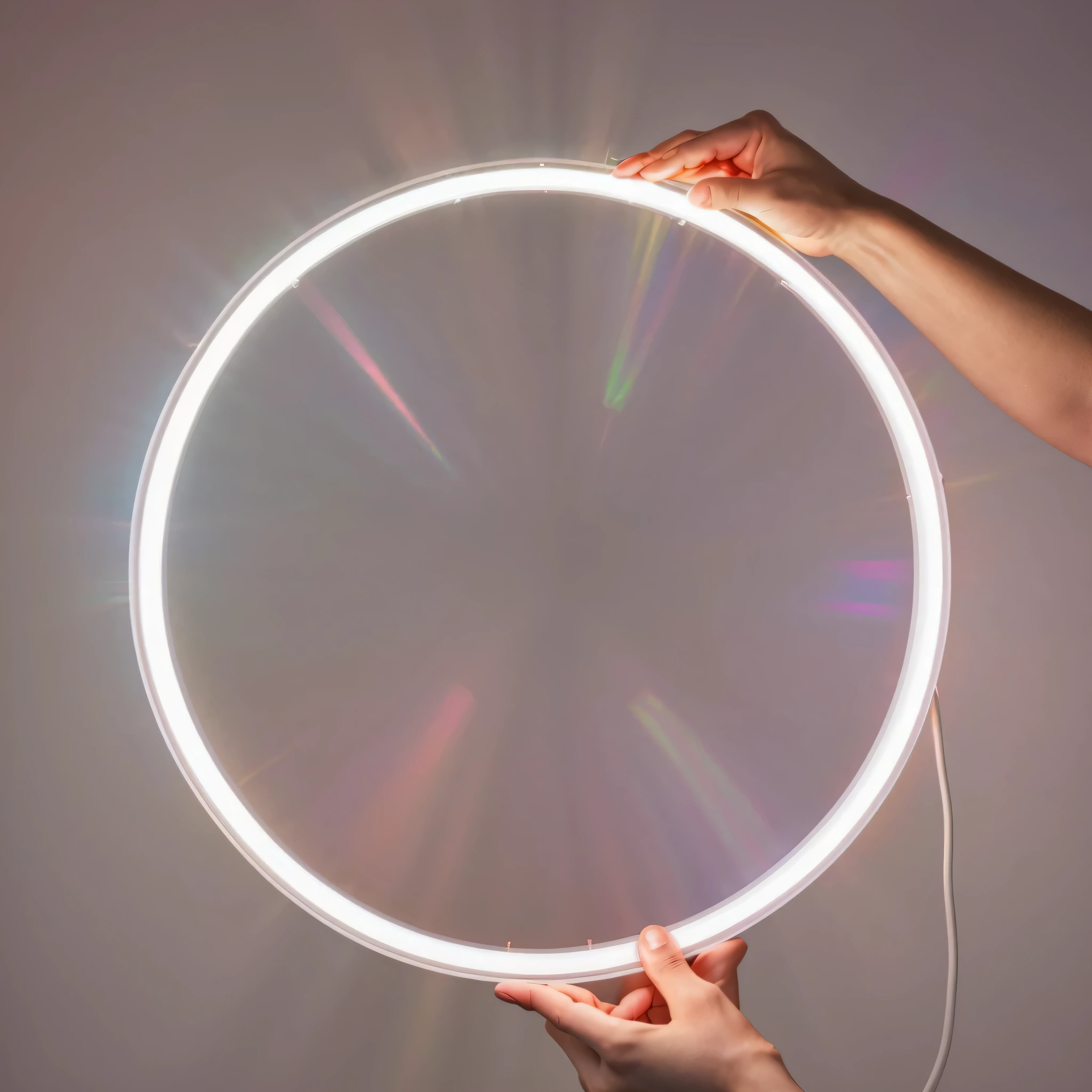 Someone is holding a round lamp in his hand, symmetrical rim light, ringlights, bright rim light, beautiful natural soft rim light, Glowing aura, white glow, aperture, Glowing aura, a Glowing aura, soft rim light, symmetrical neon border, light cycle, iridescent rim light, neon border, ringlightsing