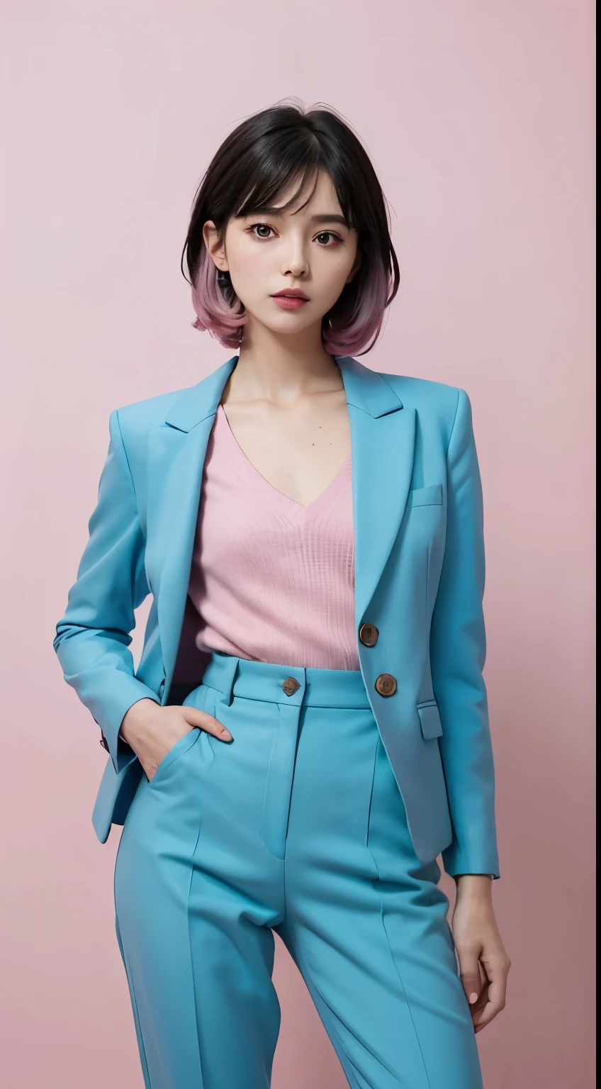 Vogue style photoshoot, Clarity, 4k, 8k, detail, actual, Beautiful Girl, wear pastle blazer, pastle pants, black lips, pink and blue mullet haircut, Perfect body, thigh, stand, pose standing, medium chest, Wes Anderson style, pastle color background in Wes Anderson style