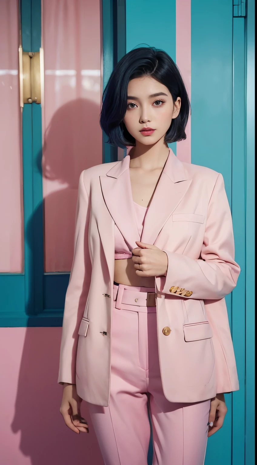 Vogue style photoshoot, Clarity, 4k, 8k, detail, actual, Beautiful Girl, wear pastle blazer, pastle pants, black lips, pink and blue mullet haircut, Perfect body, thigh, stand, pose standing, medium chest, Wes Anderson style, pastle color background in Wes Anderson style