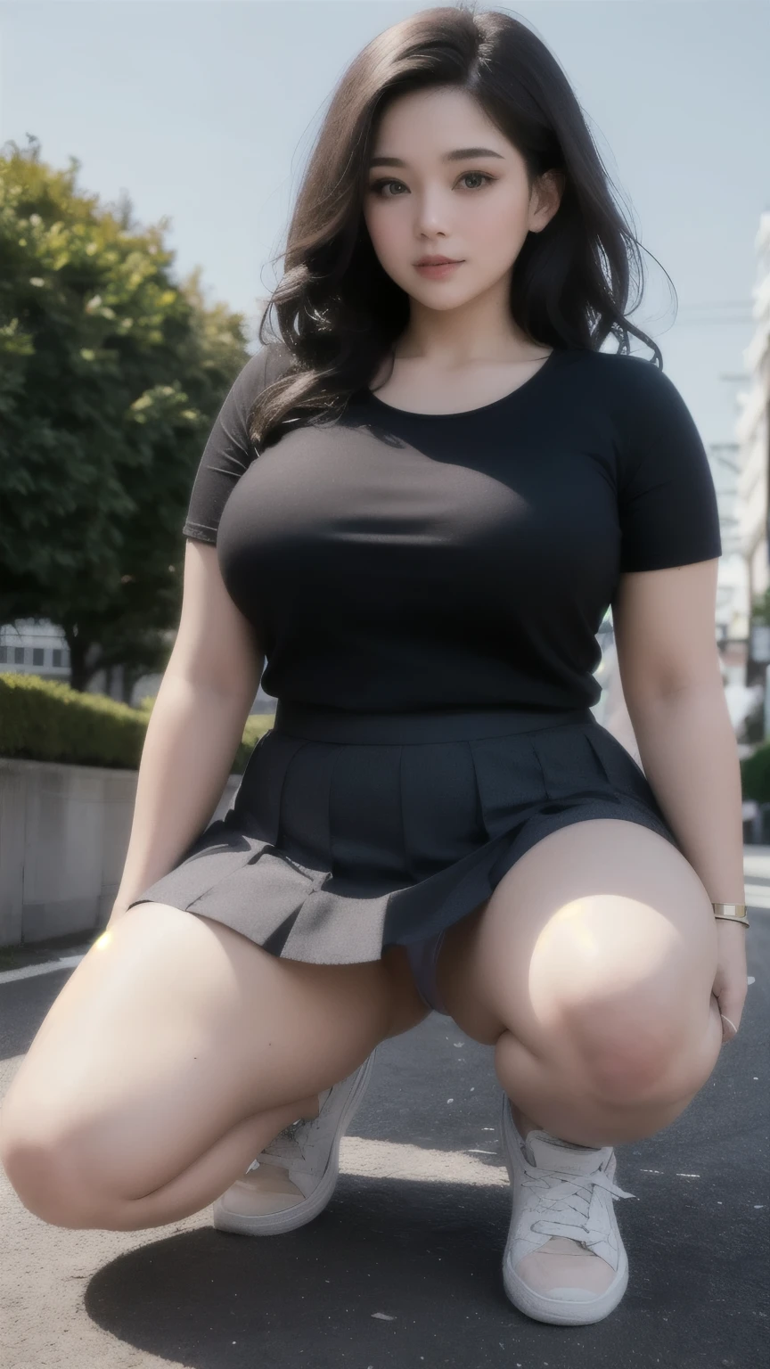 ((best quality)), ((masterpiece)), (detailed), perfect face, chubby girl, pipi chubby, chubby arm, thight skirt , tight clothes, mature woman, chubby thighs, full bidy view, sneakers, dark clothes, super ultra high resolution