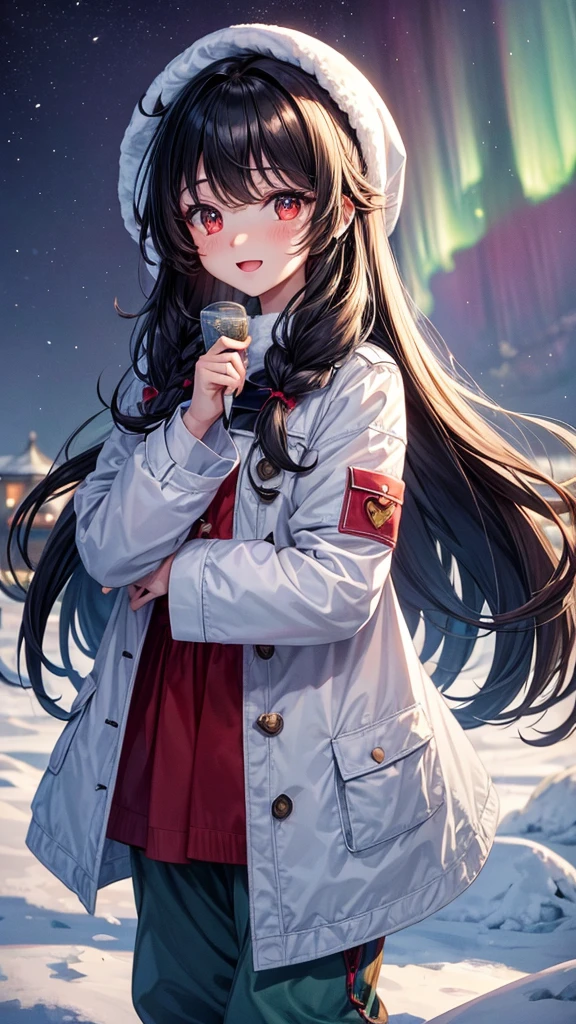 masterpiece:1.2, best quolyty, 8k, beautiful detailed grow, daydreaming expression:1.4, ((immensely heart-sharped aurora:1.4 drifts in the dark night)), break, frontal a black curly long hair cute girl, 14 yo, cute red eyes, open mouth, blush smile, looking up to sky, tops is cute coat, botoms is hot long pants. in the snow town.