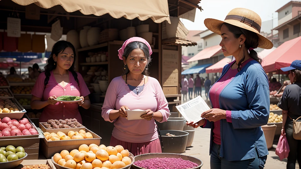 woman in a pink shirt and a woman in a blue shirt aredoing transactions in traditional market, by Judith Gutierrez, market, photo taken in 2020,  by Sam Dillemans, taken in 2022, busy market, by david rubín, stunning visual, peru, by Manuel Ortiz de Zarate