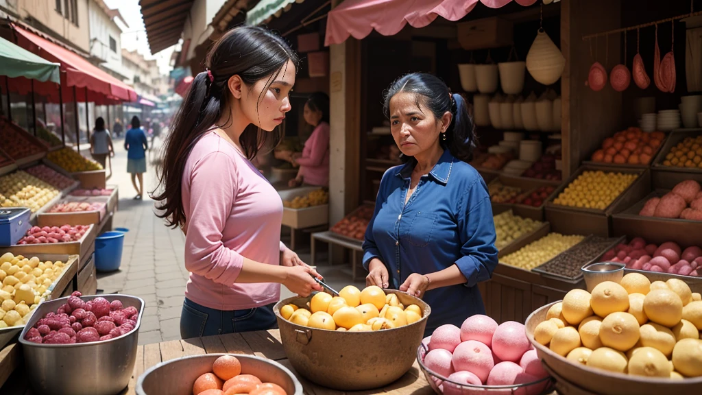 woman in a pink shirt and a woman in a blue shirt aredoing transactions in traditional market, by Judith Gutierrez, market, photo taken in 2020, by Sam Dillemans, taken in 2022, busy market, by david rubín, stunning visual, peru, by Manuel Ortiz de Zarate