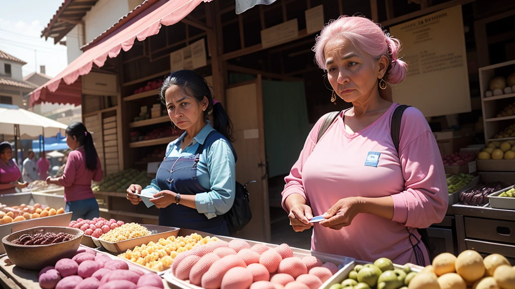 woman in a pink shirt and a woman in a blue shirt aredoing transactions in traditional market, by Judith Gutierrez, market, photo taken in 2020,  by Sam Dillemans, taken in 2022, busy market, by david rubín, stunning visual, peru, by Manuel Ortiz de Zarate