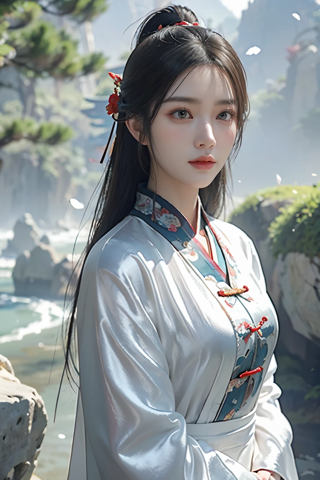 Game art，The best picture quality，Highest resolution，8K，((A bust photograph))，((Portrait))，((Head close-up:1.2))，(Rule of thirds)，Unreal Engine 5 rendering works， (The Girl of the Future)，(Female Warrior)， 22岁少女，(Ancient Chinese women)，(Rainbow hair，Ancient Oriental hairstyle)，((The pupils of the red eyes:1.3))，(A beautiful eye full of detail)，(Big breasts)，(Eye shadow)，优雅迷人，冷漠，((Anger))，(A silk coat with ancient Chinese style，Bellyband，The clothes are decorated with patterns with Chinese characteristics，A flash of jewellery，White)，(The clothes are made of silk:1.5)，奇幻人物，奇幻风格， 拍照姿势，城市背景，Movie lights，Ray tracing，Game CG，((3D Unreal Engine))，oc渲染反射纹