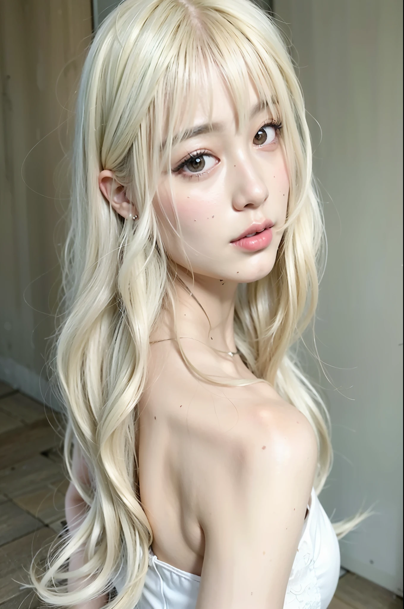 garota de cabelos loiros com longos, cabelos ondulados e olhos azuis, rosto de anime natural fofo, penteado com corte hime branco, longos cabelos brancos e franja, garota de anime na vida real, Ulzzang, pale porcelain white skin, com cabelos longos brancos, garota anime loira com cabelo comprido,  com cabelo branco, jovem anime realista, com longos cabelos brancos, jennie kim, kim jennie, blackpink jennie