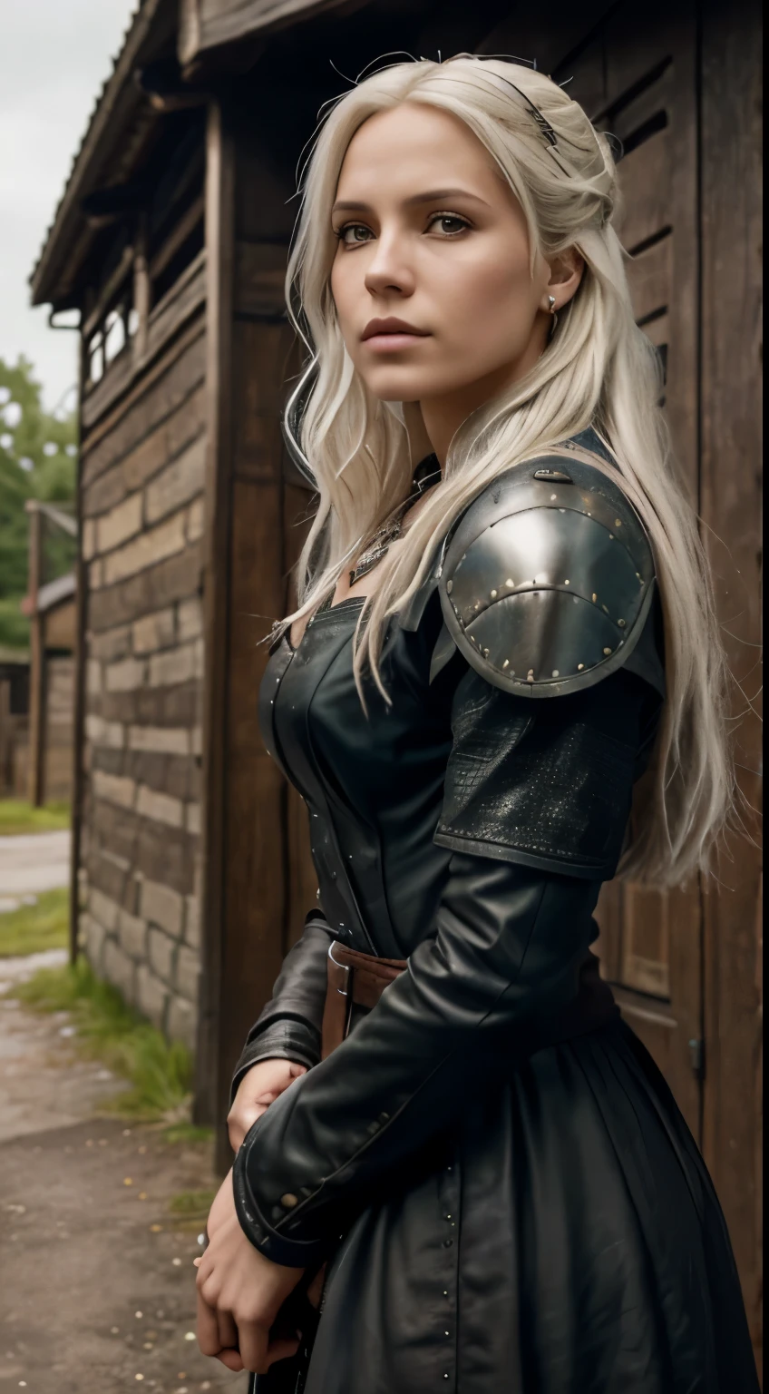 Foto hiperrealista en primer plano de 20 years old Maria Bello, Create dystopian masterpieces. as a witcher, scene from the Witcher movie, the entire figure dressed in witcher style, outside of medieval inn, beautiful woman, skinny, small breasts, straight blond hair, detailed face, photo taken from a distance, age 20 tears old