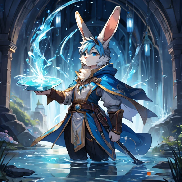 rabbit,flowing water around,blue,clear,Detailed character details,magic,fantasy