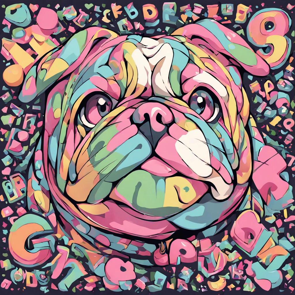 Bulldog with vivid pink fur with green patterns in the shape of the alphabet letters
