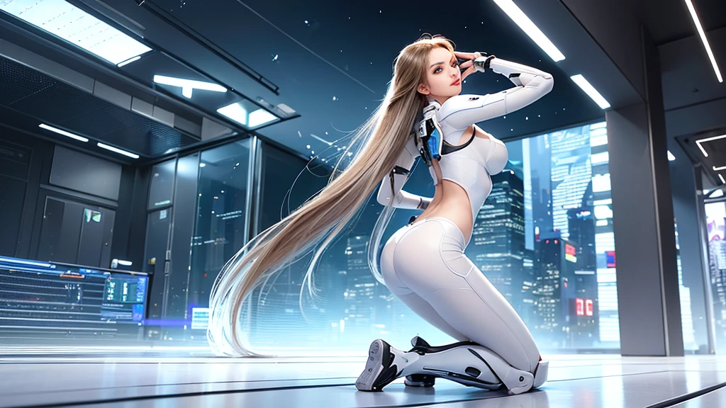 a woman in a white dress, perfect android girl, beutiful white girl cyborg, in white futuristic armor, cute cyborg girl, beutiful girl cyborg, cyberpunk 2 0 y. o model girl, beautiful android woman, portrait beautiful sci - fi girl, female cyberpunk anime girl, sci-fi female, cyberpunk beautiful girl, cyborg girl, symmetrical face shape, (slim and body), Extremely long brown hair, seductive brown eyes, perfect figure, Plump lips, seductive smile, firm breasts, Beautiful buttocks, voluptuous hips, well-proportioned legs, Kneeling on the floor pose , background is futuristic city (random night-day), depth of field, first-person view, pov, from below, from behind, from front, see full body Model, atmospheric perspective, masterpiece, textured skin, anatomically correct, super detail, high quality, best quality, 4K, 8k, masterpiece, anatomically correct, super detail, high quality, best quality, 4K, 8k