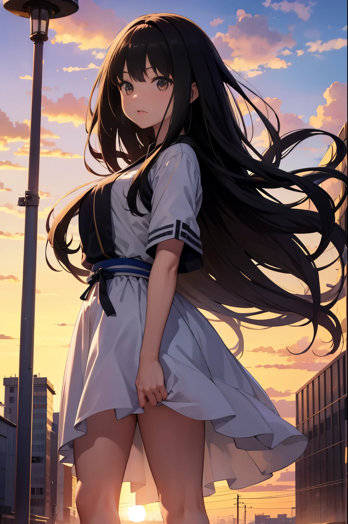 Image Quality original characters、city girl、summer clothing、long black hair、A city made of Japanese glass wind chimes、huge entrance cloud、sunset