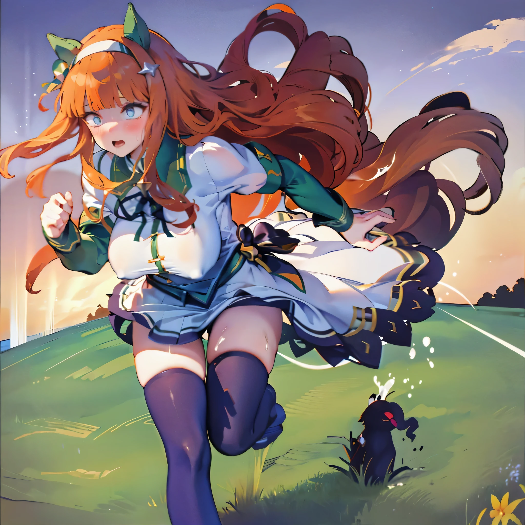 solo 1 girl (running at grass field), landscape, (too short miniskirt:1.25), (huge perky breasts:1.35), (bouncing breasts), short torso, inconceivably thin waist, miniskirt lifted by wind, (thin long legs), nose blush, open mouth widely, (nsfw:1.1), heavy breathing, (ultimate orgasm:1.6), pussy juice trail, (screaming:1.1)