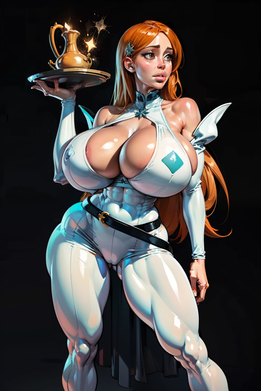 (White tight outfit), Generate an illustration of a mature Orihime, ((hueco mundo outfit)),  dark orange hair ,  (aletta ocean face), de terno preto, (shoulder padding:1.3), long hair, hair pins on both sides, (gigantic breasts:1.4), uniboob, white outfit, (black belt), ((white dress)), black sandals, white socks, gothic make up, masterpiece, ((rembrant lighting)), black background, (puffy lips),((slendered abs)), beautiful face,