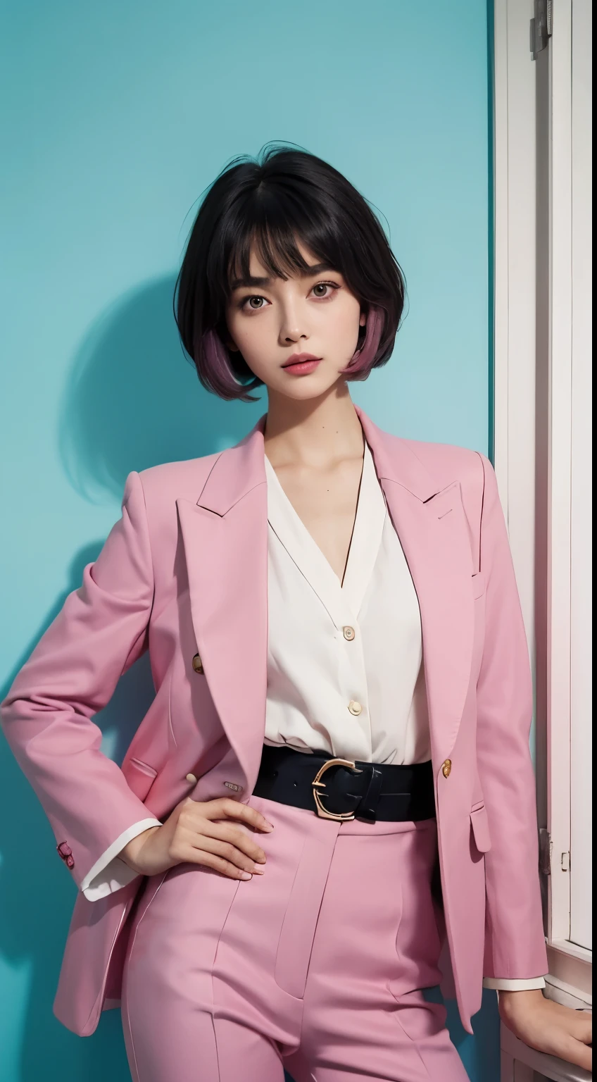Vogue style photoshoot, Clarity, 4k, 8k, detail, actual, Beautiful Girl, wear pastle blazer, pastle pants, black lips, pink and blue mullet haircut, Perfect body, thigh, stand, pose standing, medium chest, Wes Anderson style, pastle color background in Wes Anderson style