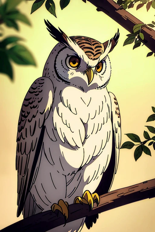 A white faced scops owl with brown eyes perched on a branch, rendered in the mappa art style with vivid colors. The owl should be highly detailed and realistic, capturing every feather and intricate texture. The background should complement the owl, enhancing its majestic presence. The image should be of the highest quality, with a resolution of at least 4k or 8k. The lighting should accentuate the owl's features and create a captivating atmosphere.