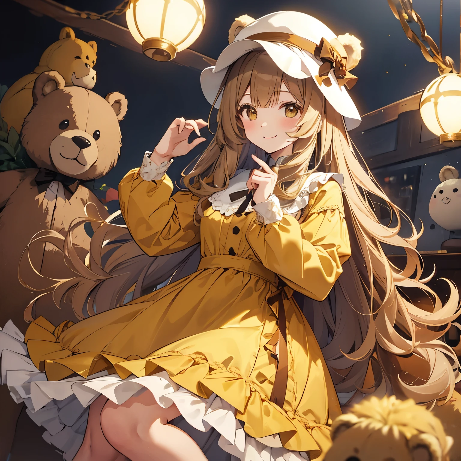 A short yellow and brown bear girl, long beige hair, yellow lace dress, long sleeves, bear ears, white fluffy hat, smiling,