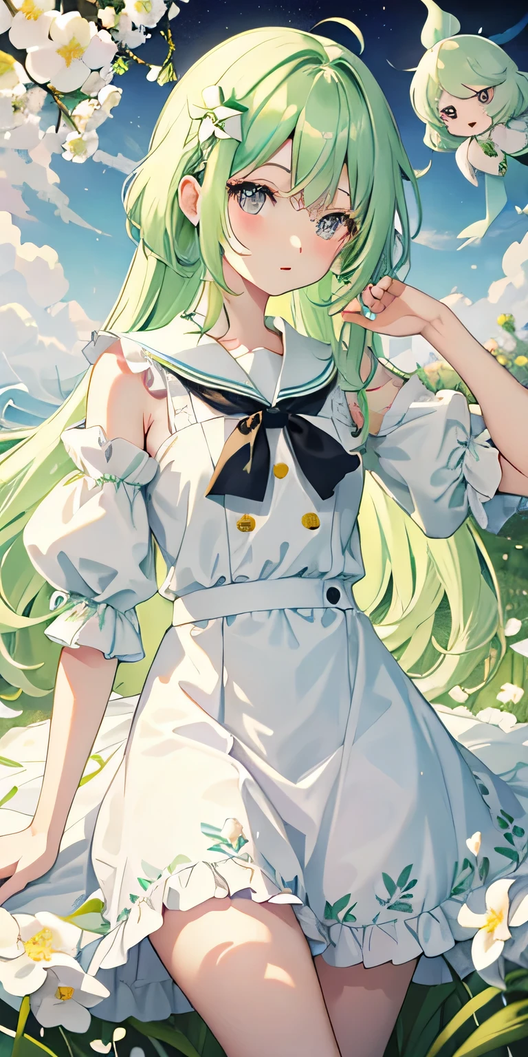 light pastel green hair with light yellow ombre, cute girl, round purple eyes, tattered sailor dress, holding lilly of the valley flower, ghostly, cute, pastel color