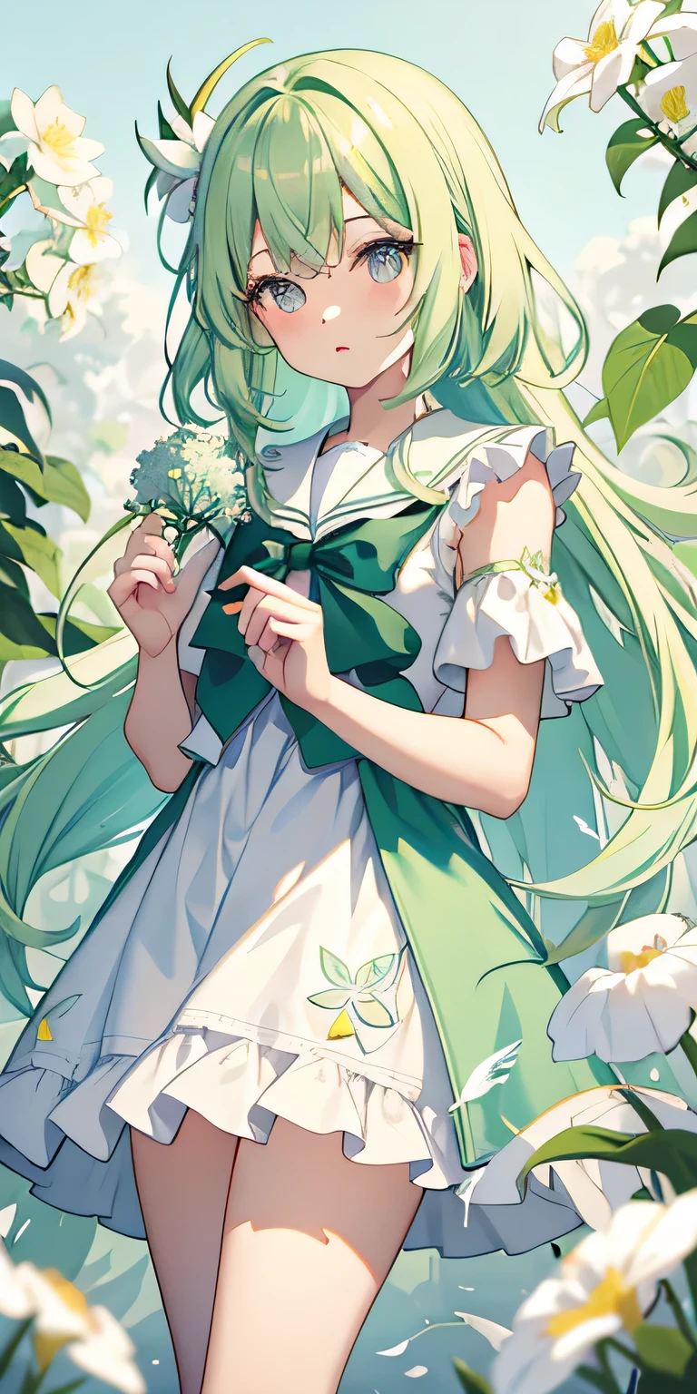 light pastel green hair with light yellow ombre, cute girl, round purple eyes, tattered sailor dress, holding lilly of the valley flower, ghostly, cute, pastel color