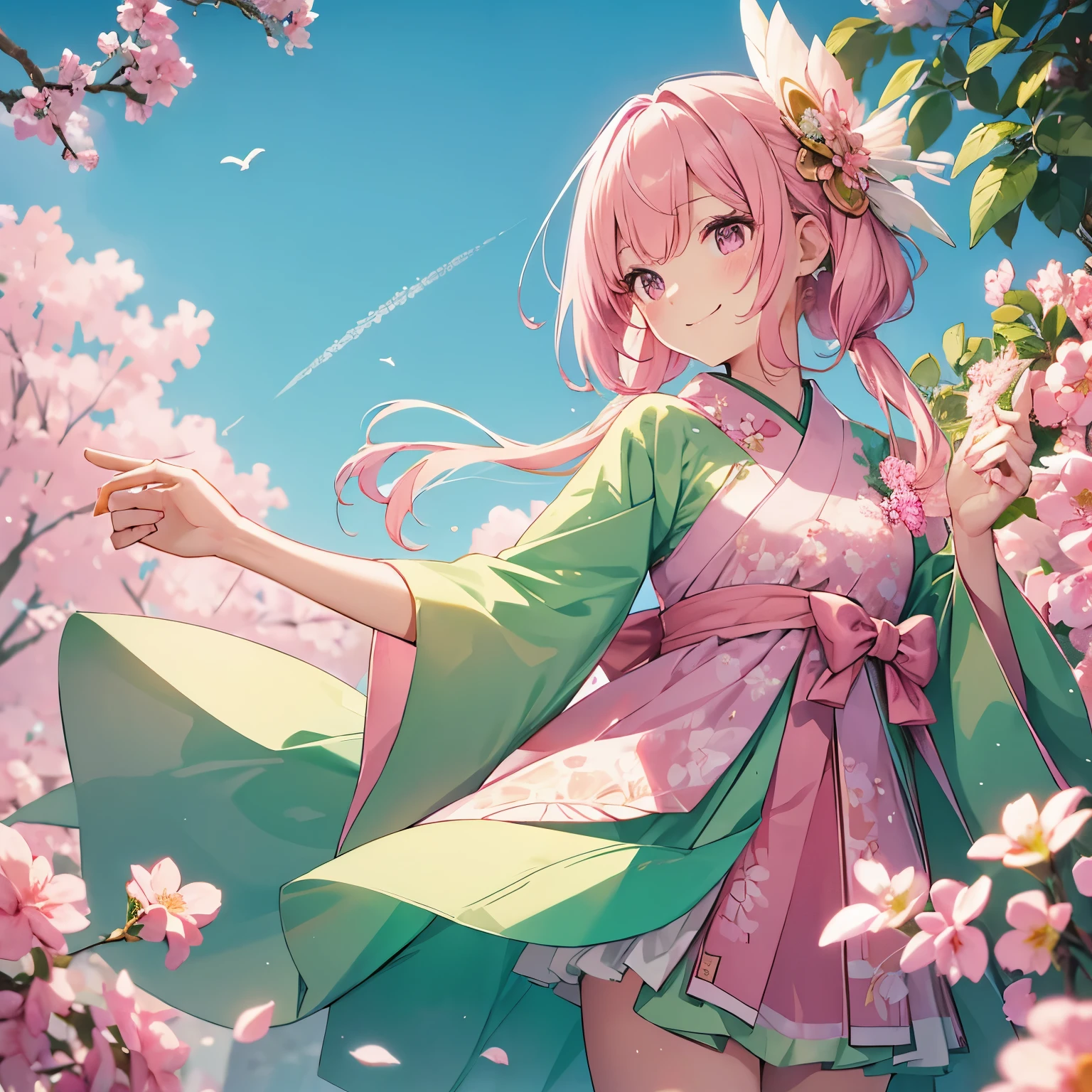 A pink and light green bird girl, have small pink bird’s wings, pink and light green Japanese style dress, long light pink hair, press fingers, smiling