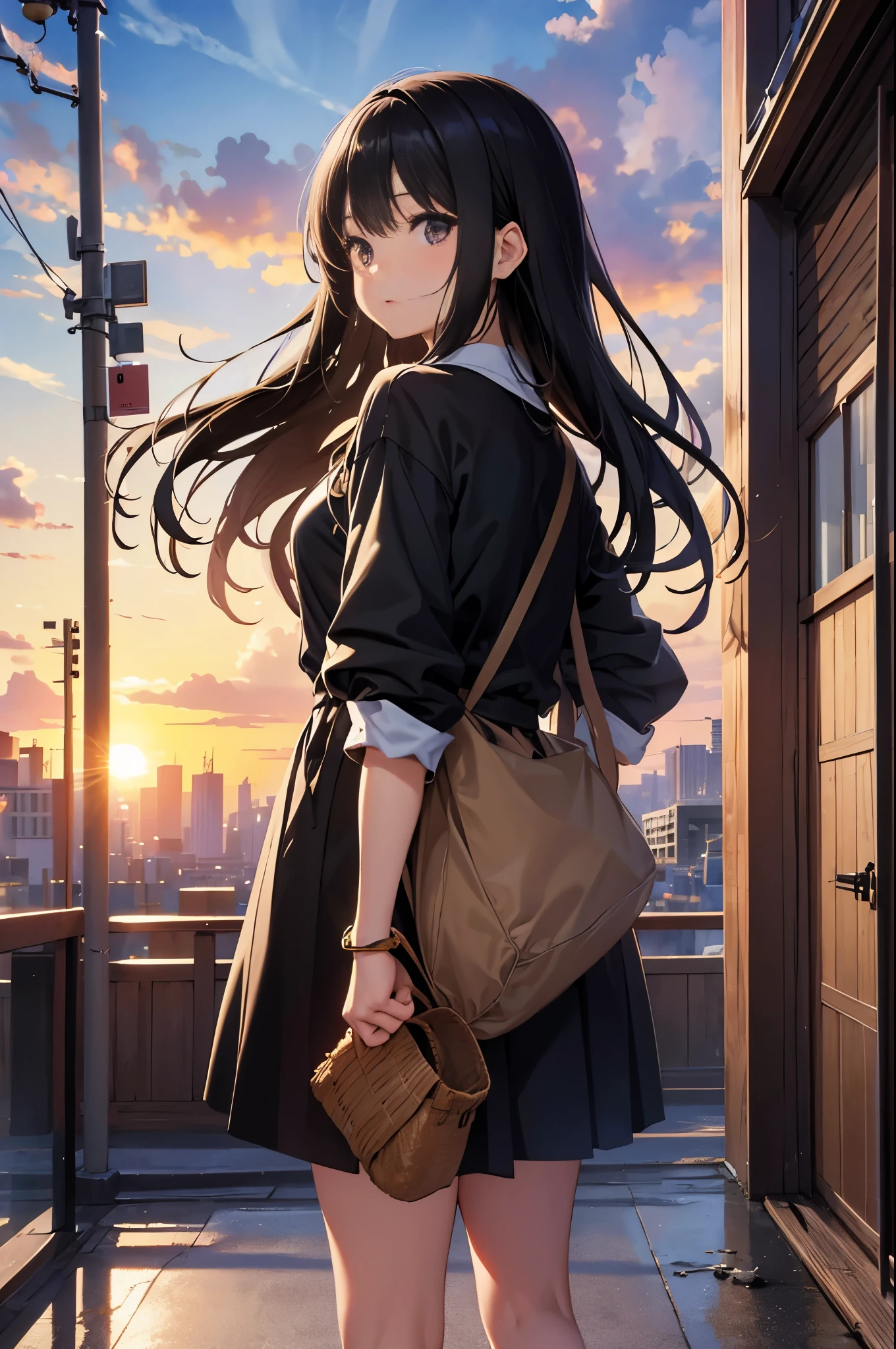 Image Quality original characters、city girl、summer clothing、long black hair、A city made of Japanese glass wind chimes、huge entrance cloud、sunset