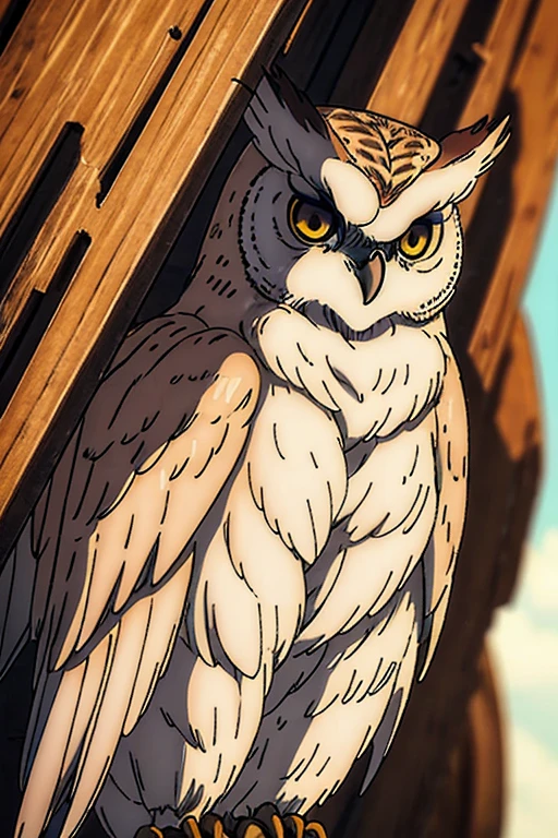 A white faced scops owl with brown eyes perched on a branch, rendered in the mappa art style with vivid colors. The owl should be highly detailed and realistic, capturing every feather and intricate texture. The background should complement the owl, enhancing its majestic presence. The image should be of the highest quality, with a resolution of at least 4k or 8k. The lighting should accentuate the owl's features and create a captivating atmosphere.