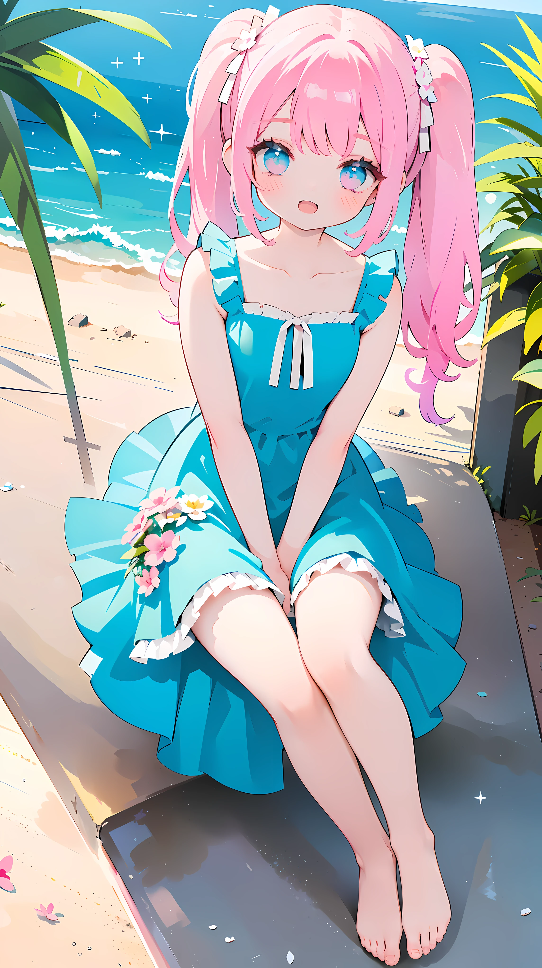 1girl, وحيof the, long hair, النظر إلى المشاهof the, احمر خof theوof the, He smiles, Open mouth, Explosions, Blue eyes, of theress, ribbon, bare shoulof theers, Twintel, He sits, Clavicle, hair ribbon, شعر ورof theي, ورof the, :of the, Thighs, outof theoors, adornment, حافي القof theمين, sleeveless, of theay, Fang, hanof the up, Bare arms, Bare legs, sleeveless of theress, blue of theress, frilleof the of theress, plant, pink ورof the, between legs, hanof the between legs, potteof the plant