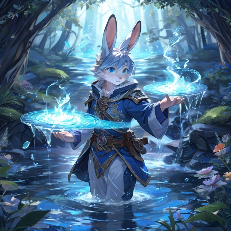 rabbit，flowing water around，blue，clear，Detailed character details，magic，fantasy