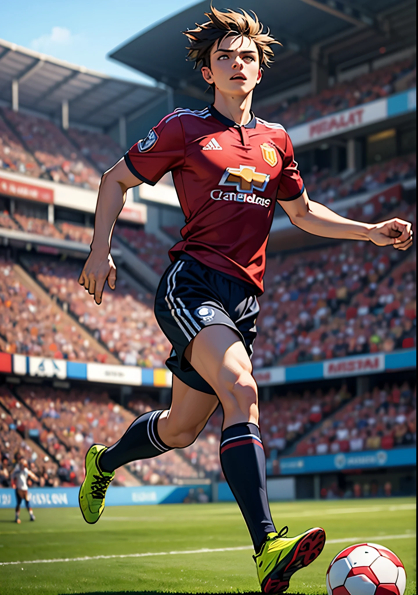 A soccer player wearing a red jersey with a yellow Adidas logo is running on the field, kicking up his foot as he goes. He appears to be in motion and focused on the game. The stadium is filled with fans watching the match.