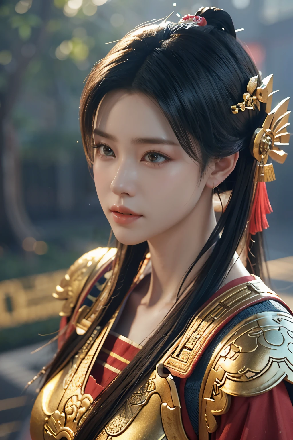 Game art,The best picture quality,Highest resolution,8K,(A bust photograph),(Portrait),(Head close-up),(Rule of thirds),Unreal Engine 5 rendering works, (The Girl of the Future),(Female Warrior),
20岁少女,(The warrior in ancient China),An eye rich in detail,(Big breasts),优雅高贵,冷漠,(Brave),
(Costumes of ancient Chinese characters,A random pattern of clothing,)中国人物,奇幻风格,
拍照姿势,野外背景,Movie lights,Ray tracing,Game CG,((3D Unreal Engine)),oc渲染反射纹
