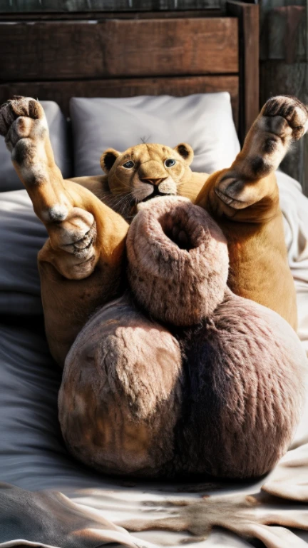 (((feral lion, fluffy, on back, huge sheath, hyper balls, legs up, dirty balls, dirty, on bed, hyper belly, excessive cum)))), best quality, ((((photorealistic, hyperrealistic)))), ultradetailed, detailed background, rear view