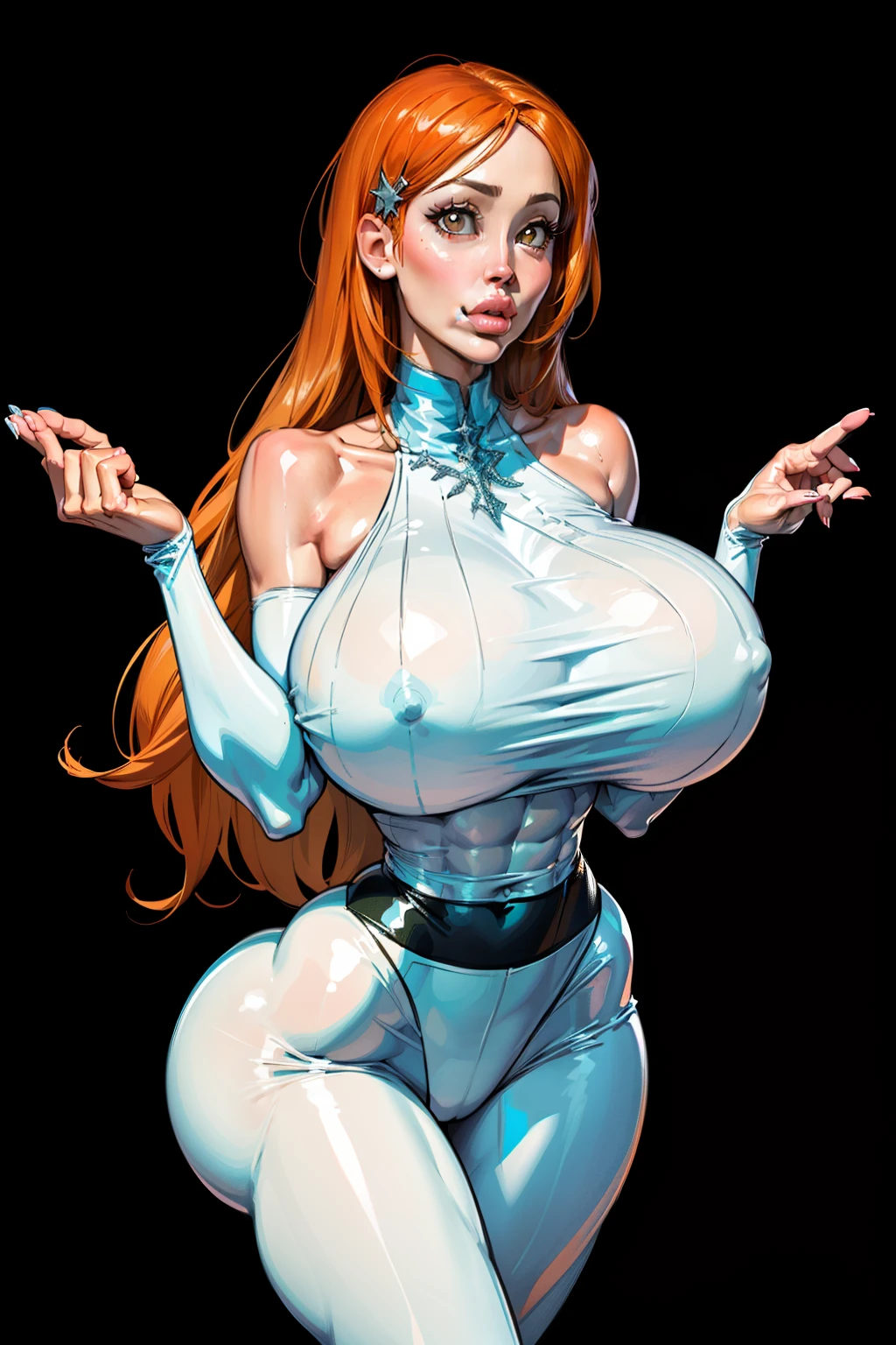 (((Barre unitard))), Generate an illustration of a mature Orihime, ((hueco mundo outfit)), dark orange hair , (aletta ocean face), de terno preto, (shoulders covered by clothing:1.3), long hair, hair pins on both sides, (gigantic breasts:1.4), white outfit, (black belt), ((body covered)), black sandals, white socks, gothic make up, masterpiece, ((rembrant lighting)), black background, (puffy lips),((slendered abs)), defined jawline