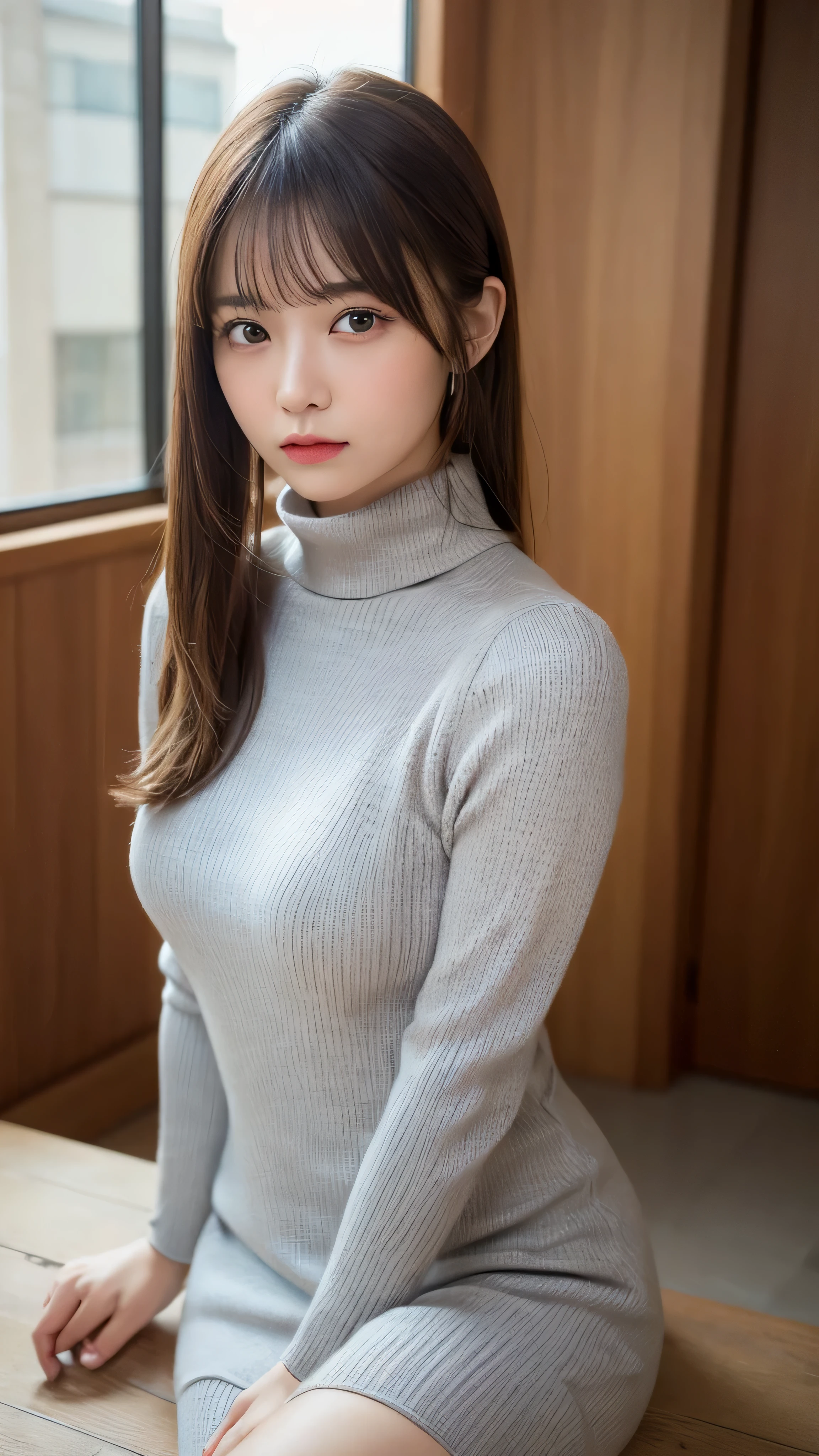 (masterpiece:1.5)、(realistic:1.5)、(highest quality:1.4、8K、RAW photo)、
ultra high resolution、professional lighting、perfect dynamic composition、Shot indoors、
film grain、chromatic aberration、(Bokeh:1.1)、
Frank、Sophisticated、charm、超realistic、high detail、golden ratio、
(1 girl)、slender girl、繊細でcharm女の子、cute woman:1.4、
serious expression、looking at the viewer、Full body Esbian、sculpture installation、
light brown hair、shining hair、Hair style is ponytail、
skin that looks real、
close your mouth、fine eyes、double eyelid、thin arms、small box、
(She is wearing a light gray turtleneck ribbed sweater dress.:1.3)、(show thighs:1.2)