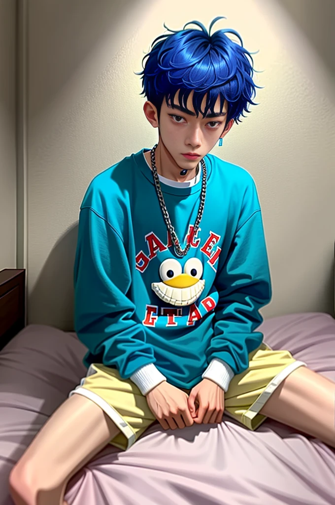 arafed man sitting on a bed with a stuffed animal, low quality footage, bladee from drain gang, 1 7 - year - old boy thin face, grainy footage, tommy 1 6 years old, instagram story, thawan duchanee, low quality video, taehyung eating gucci fries, giga chad crying, ruan cute vtuber