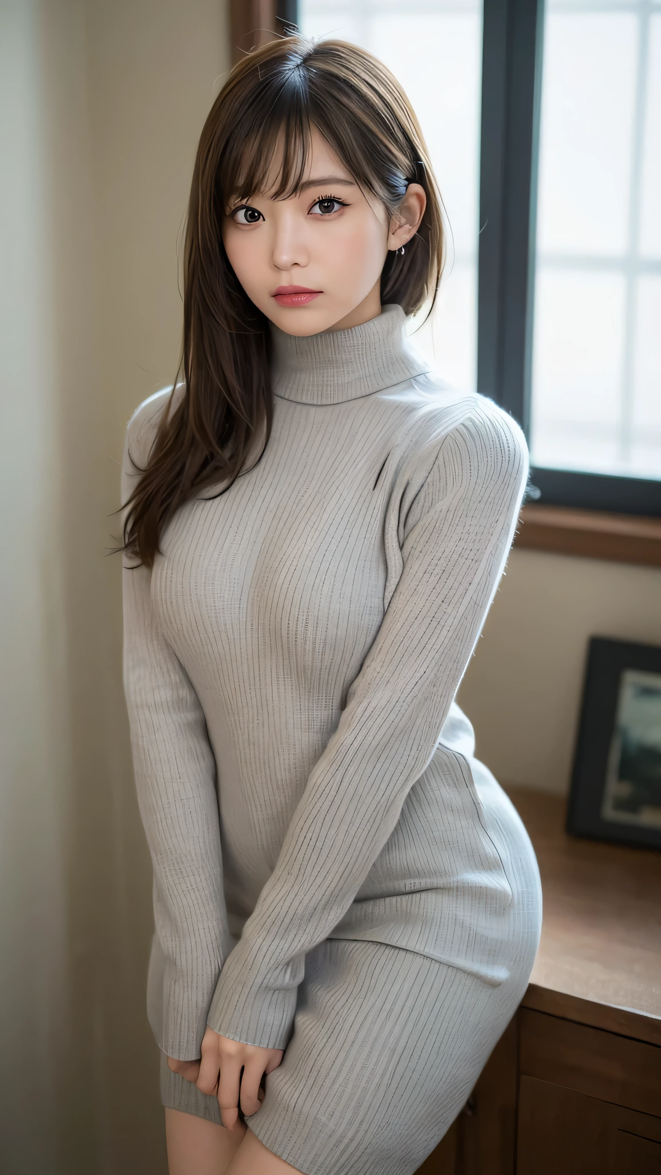 (masterpiece:1.5)、(realistic:1.5)、(highest quality:1.4、8K、RAW photo）、
ultra high resolution、professional lighting、perfect dynamic composition、Shot indoors、
film grain、chromatic aberration、(Bokeh:1.1)、
Frank、Sophisticated、charm、超realistic、high detail、golden ratio、
(1 girl)、slender girl、繊細でcharm女の子、cute woman:1.4、
serious expression、looking at the viewer、Full body Esbian、sculpture installation、
light brown hair、shining hair、Hair style is ponytail、
skin that looks real、
close your mouth、fine eyes、double eyelid、thin arms、small box、
(She is wearing a light gray turtleneck ribbed sweater dress.:1.3)、(show thighs:1.2)