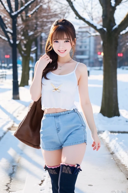 The cutest girl who works as a gravure idol goes to a snowy park、with shiny brown hair、(Showing off her white panties 1.5)、Standing on your knees、slender body、she is seductive in a short tank top、Navel exposed、 beautiful skin, Attractive thighs、and long boots、She smiled shyly.、whole body、Facing the camera in a professional pose。her fashion and expressions、The perfect balance of cuteness and elegance、draw the viewer in、&#39;Don&#39;t let go.。through this scene、express her charm to the fullest
