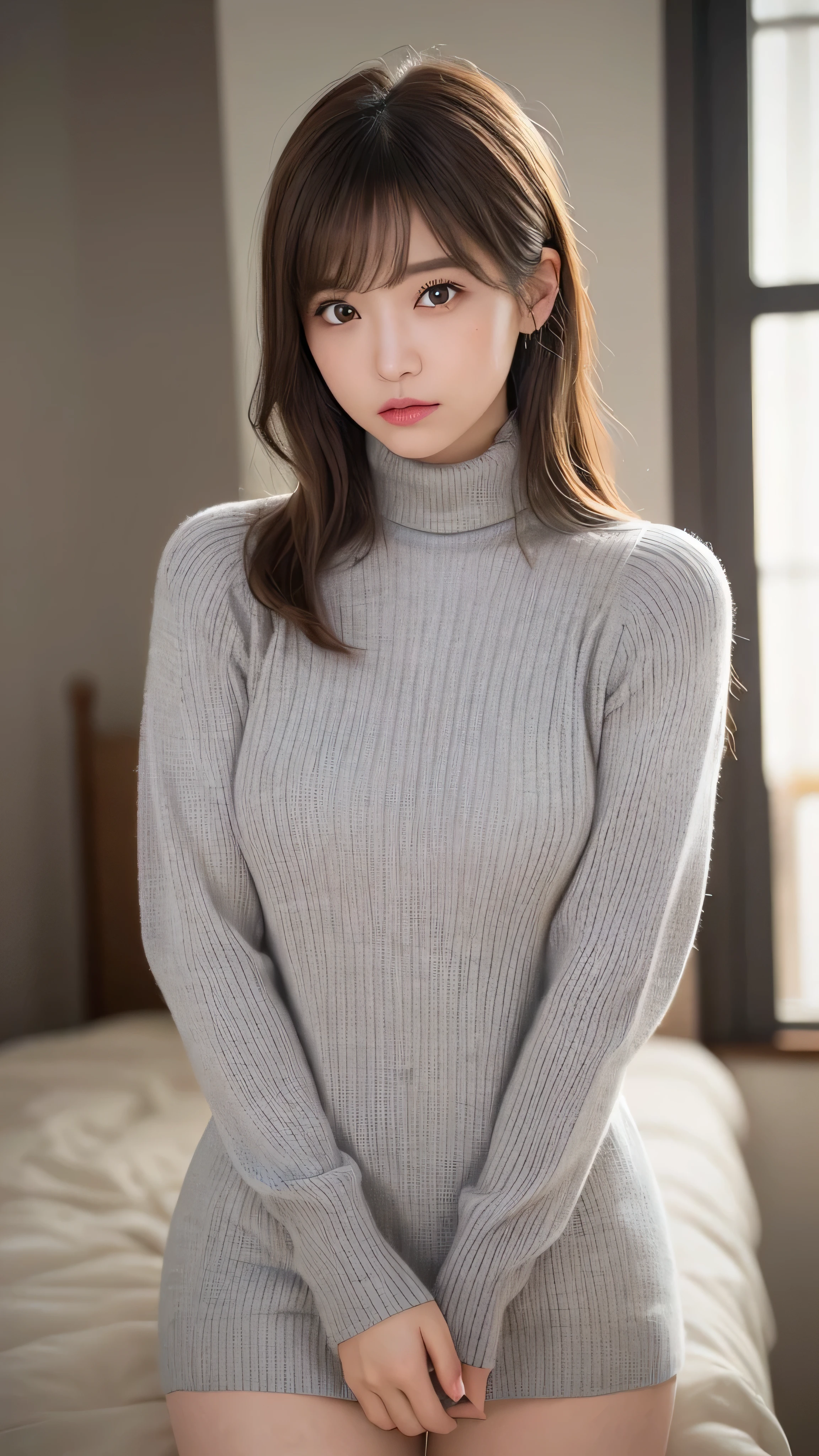 (masterpiece:1.5)、(realistic:1.5)、(highest quality:1.4、8K、RAW photo)、
ultra high resolution、professional lighting、perfect dynamic composition、Shot indoors、
film grain、chromatic aberration、(Bokeh:1.1)、
Frank、Sophisticated、charm、超realistic、high detail、golden ratio、
(1 girl)、slender girl、繊細でcharm女の子、cute woman:1.4、
serious expression、looking at the viewer、sculpture installation、
light brown hair、shining hair、Hair style is ponytail、
skin that looks real、
close your mouth、fine eyes、double eyelid、thin arms、small box、
(She is wearing a light gray turtleneck ribbed sweater dress.:1.3)、(show thighs:1.5)
