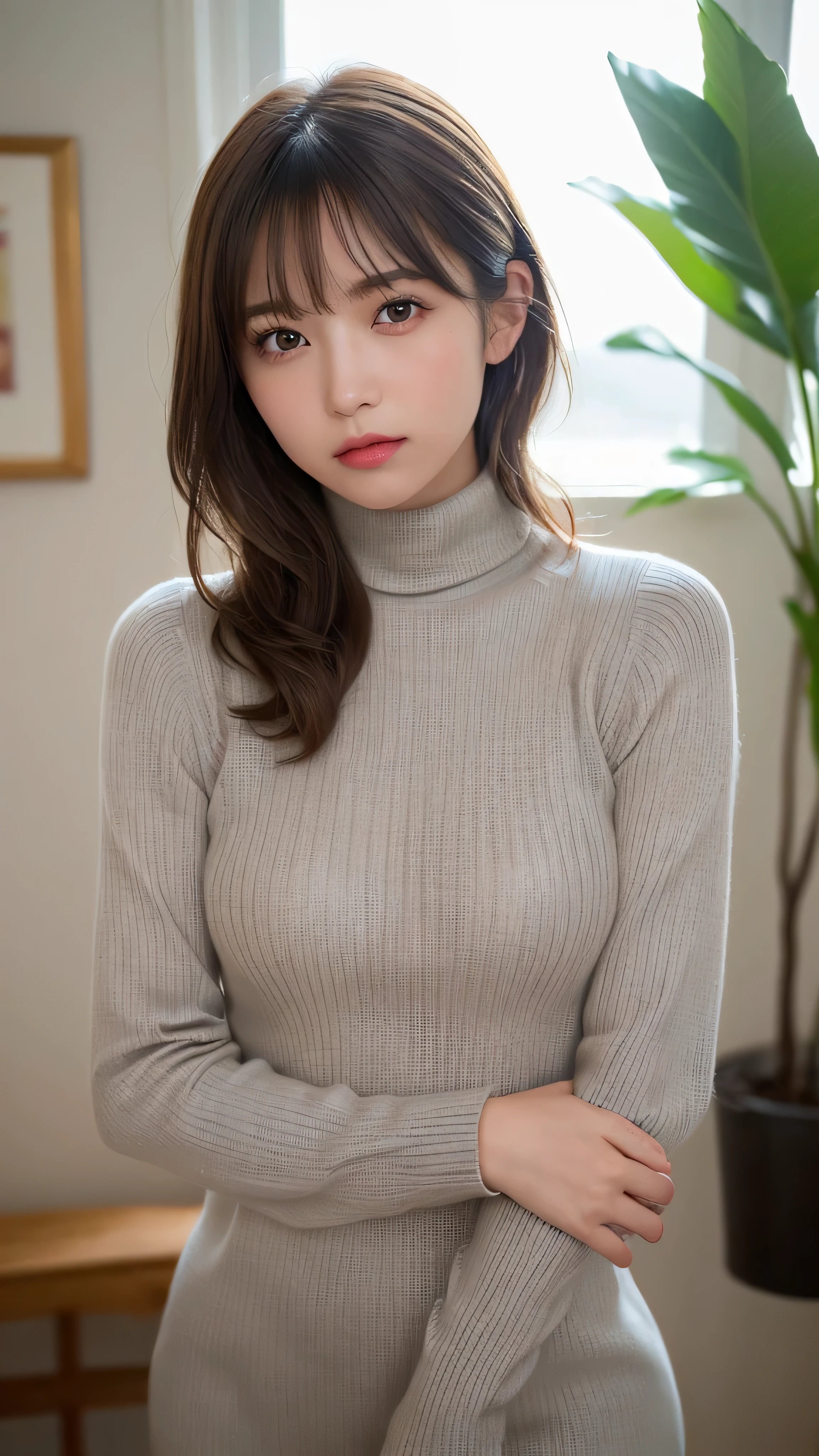 (masterpiece:1.5)、(realistic:1.5)、(highest quality:1.4、8K、RAW photo)、
ultra high resolution、professional lighting、perfect dynamic composition、Shot indoors、
film grain、chromatic aberration、(Bokeh:1.1)、
Frank、Sophisticated、charm、超realistic、high detail、golden ratio、
(1 girl)、slender girl、繊細でcharm女の子、cute woman:1.4、
serious expression、looking at the viewer、sculpture installation、
light brown hair、shining hair、Hair style is ponytail、
skin that looks real、
close your mouth、fine eyes、double eyelid、thin arms、small box、
(She is wearing a light gray turtleneck ribbed sweater dress.:1.3)、(show thighs:1.5)