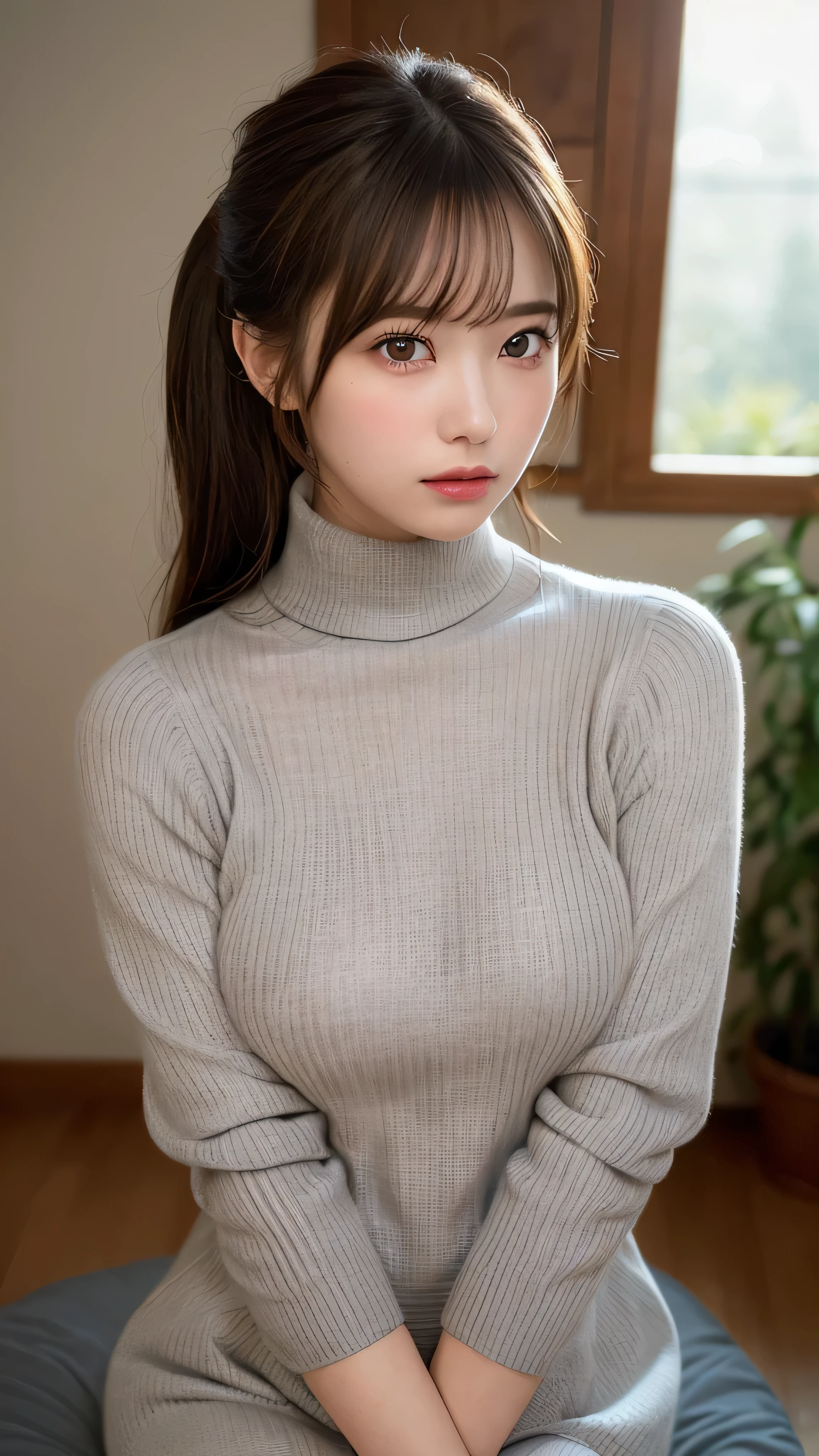 A woman sitting on a bed wearing a turtle neck sweater - SeaArt AI